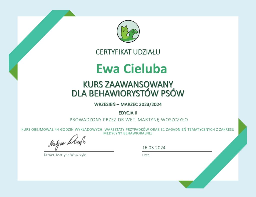 Kurs Zaawansowany dla Behawiorystów Psów - dr wet. Martyna Woszczyło