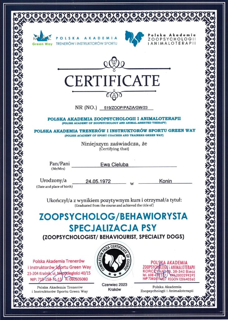 Zoopsycholog Behawiorysta specjalizacja Psy