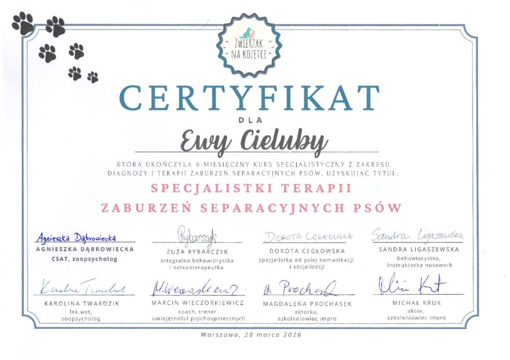 Certyfikat Kurs specjalistyczny z zakresu diagnozy zaburzeń separacyjnych psów.